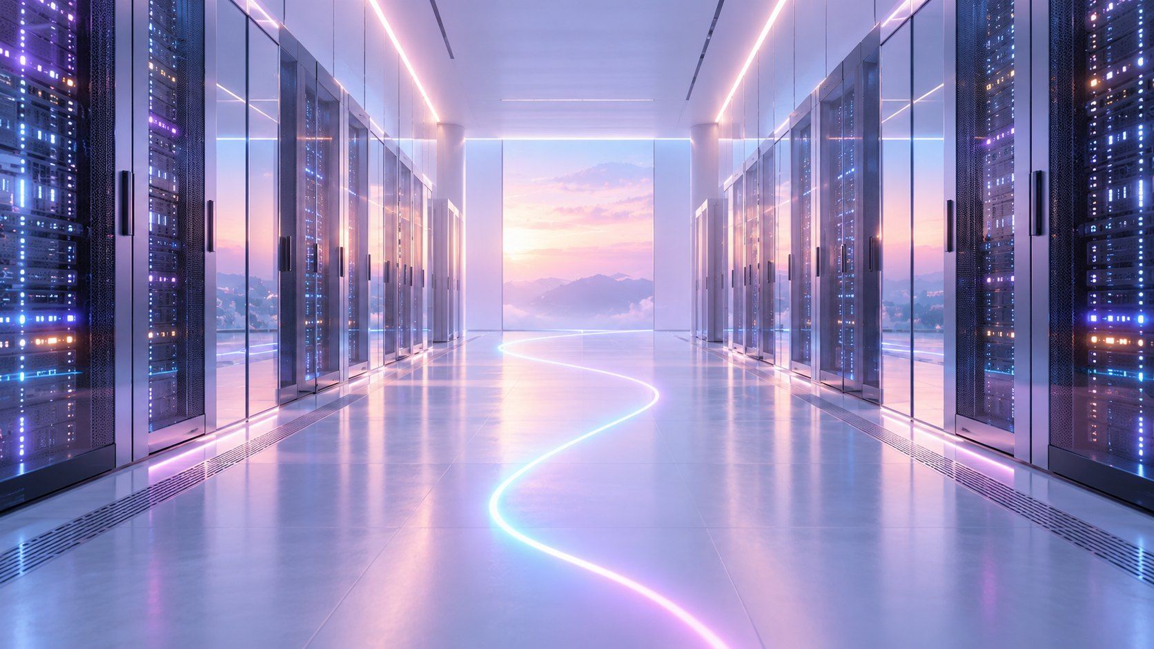 Couloir de data center blanc et lumineux, où un fil de lumière lilas et bleu court au sol jusqu’à une fenêtre donnant sur un soleil couchant rose derrière les montagnes
