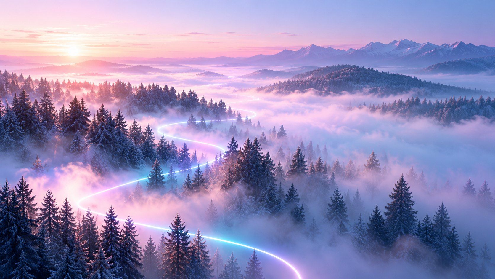 Forêt de sapins dans la brume rose de l’aube, traversée par un fil de lumière sinueux.