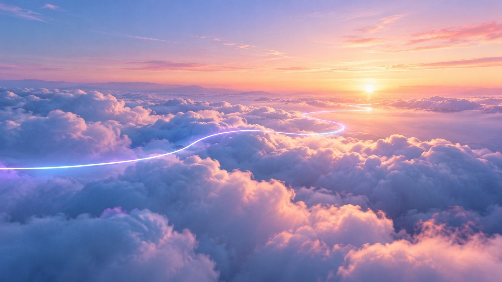 Mer de nuages au coucher du soleil, un fil de lumière serpente au-dessus des nuages vers le soleil.
