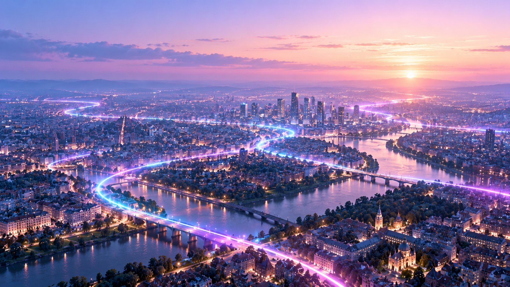 Vue aérienne d’une ville au crépuscule, traversée par un fleuve et parcourue de fils de lumière violets.